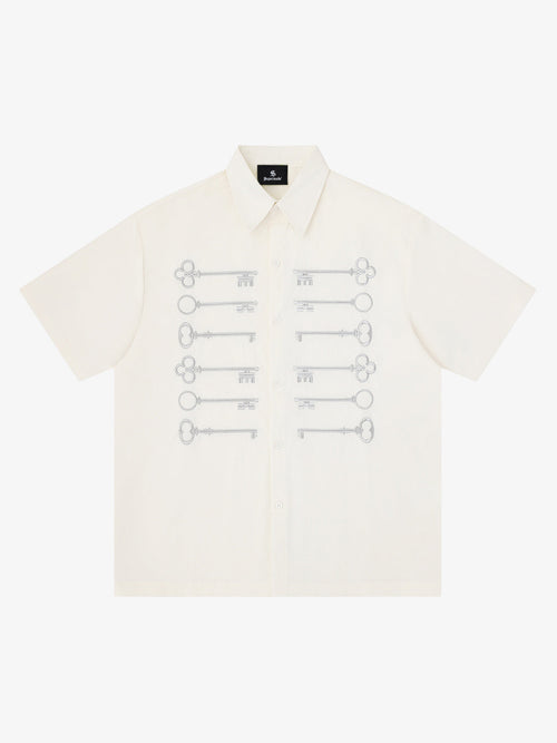 Black Cotton Button Up Shirt with Gold Embroidered Key Motif