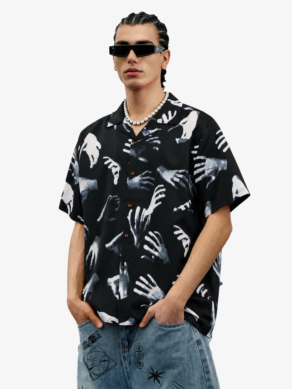 Gothic Ghost Hands Camp Collar Boxy Shirt