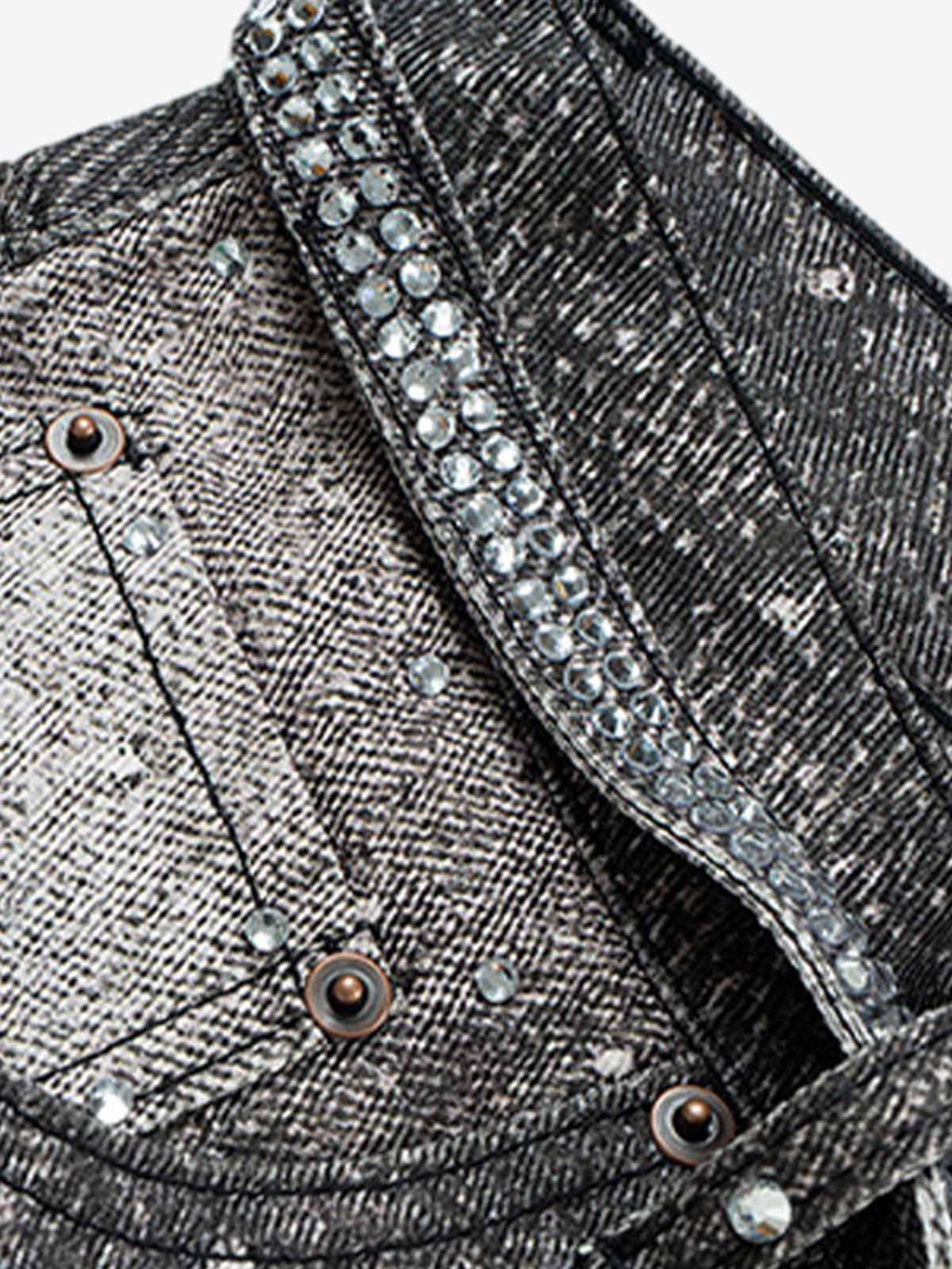 Denim Distressed Belt Diamond Decorated Jeans