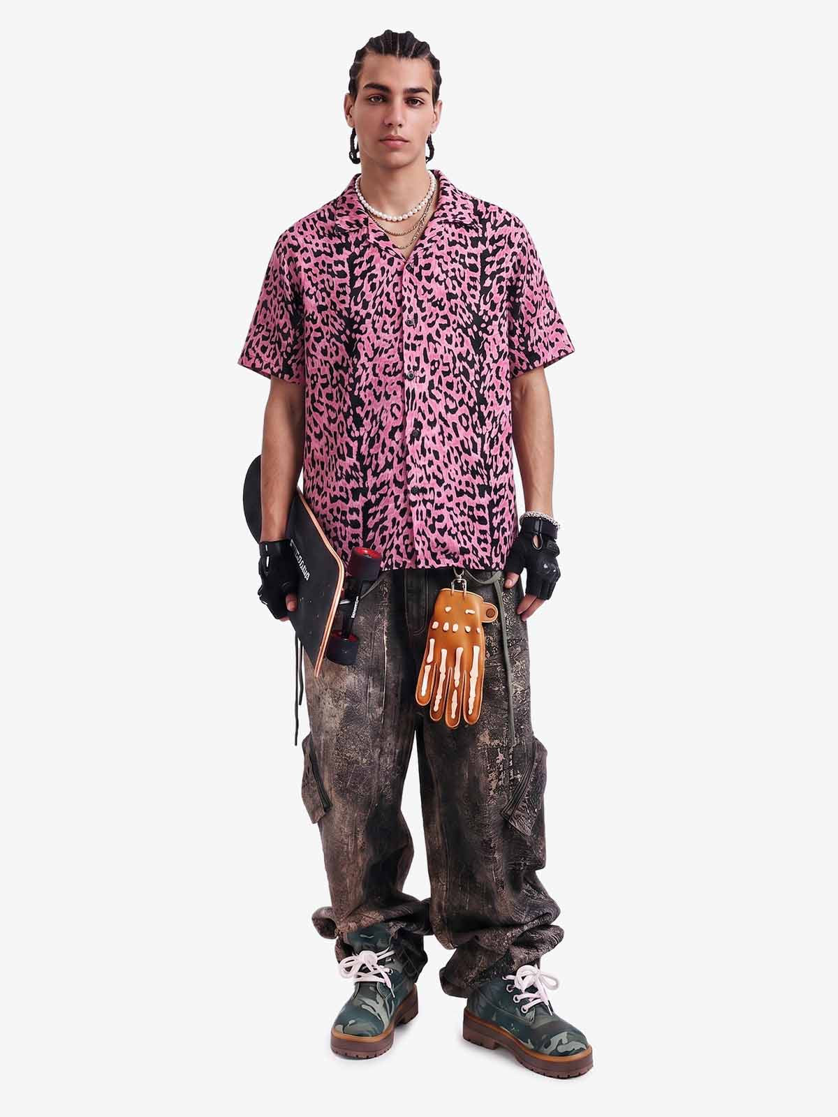 Cyber Punk Leopard Print Camp Collar Boxy Shirt