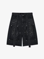 Embroidered Spiderweb Denim Shorts