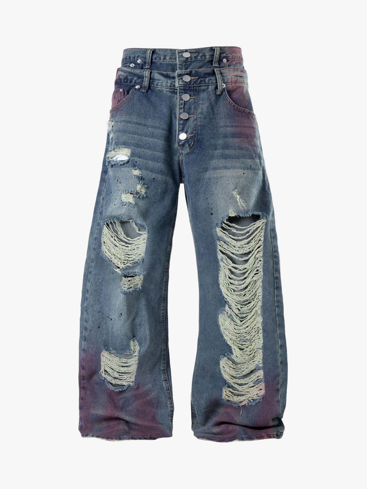 Double-Waist Distressed Wide-Leg Jeans