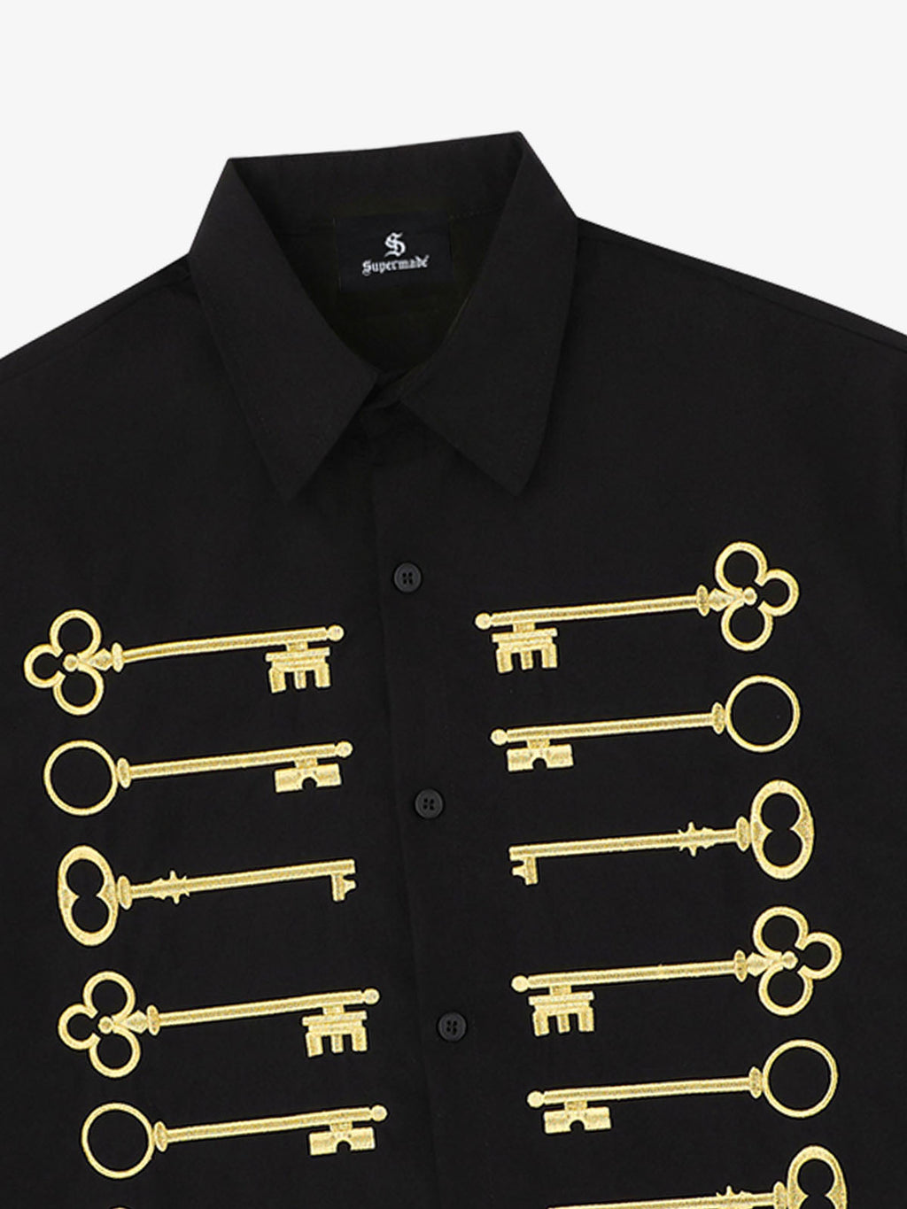 Black Cotton Button Up Shirt with Gold Embroidered Key Motif