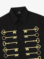 Black Cotton Button Up Shirt with Gold Embroidered Key Motif
