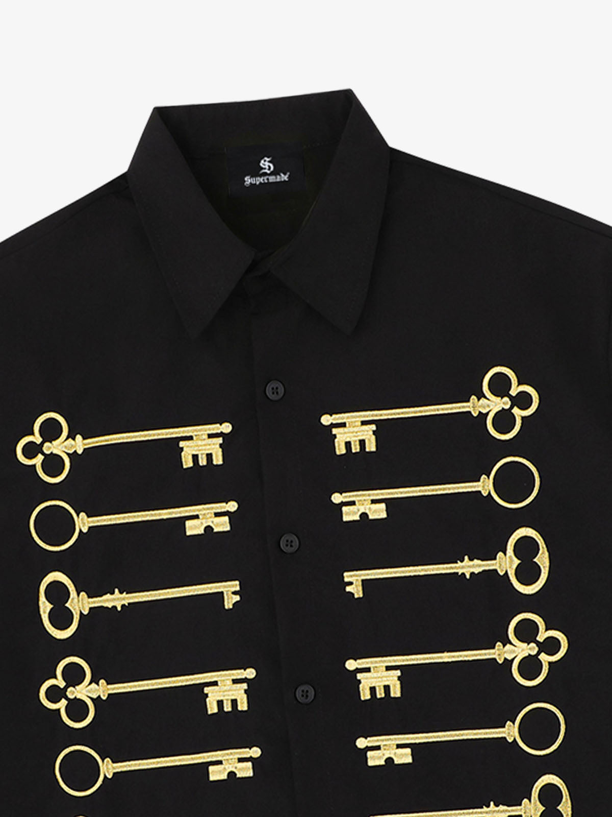 Black Cotton Button Up Shirt with Gold Embroidered Key Motif