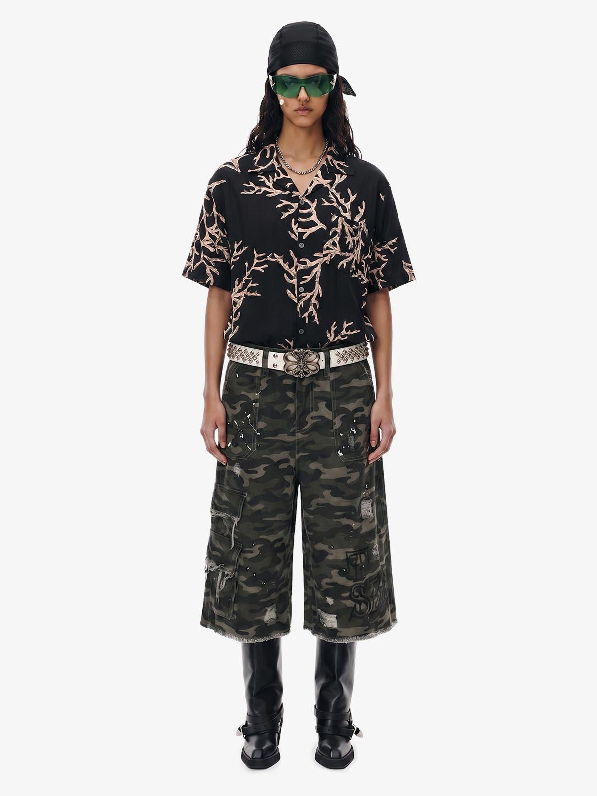 3D Textured Embossed Camp Collar Boxy Shirt