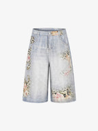 Light Wash Denim Shorts with Floral & Leopard Details
