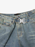 Tactical Buckle Washed Denim Shorts