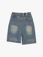 Double Waistband Ripped Denim Shorts