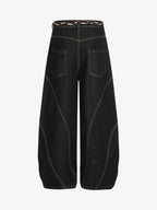 Denim Retro Belt Detail With Patchwork Barrel Jeans - 2490
