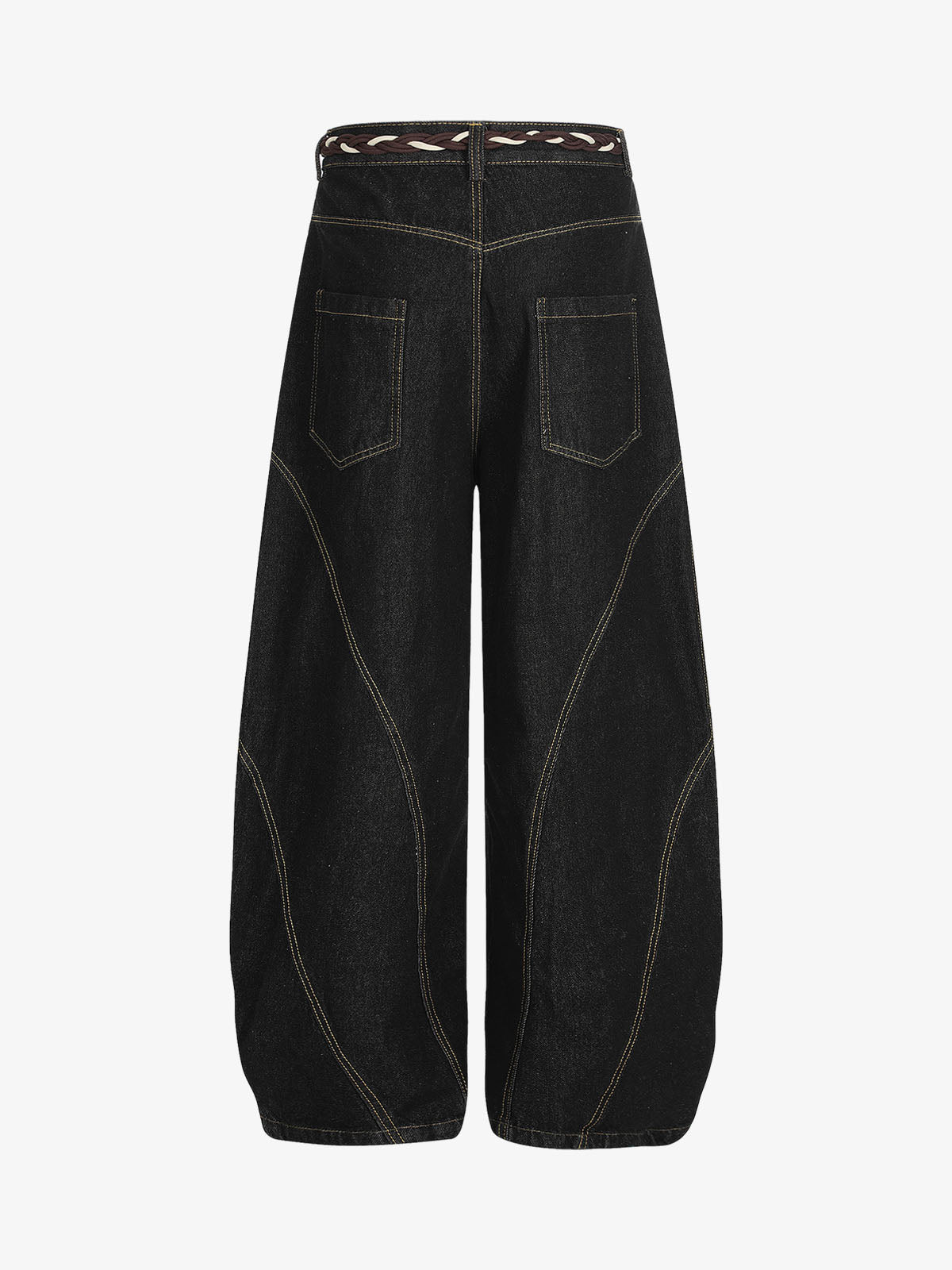 Denim Retro Belt Detail With Patchwork Barrel Jeans - 2490
