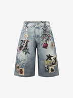 Charm Detail Graphic Denim Shorts