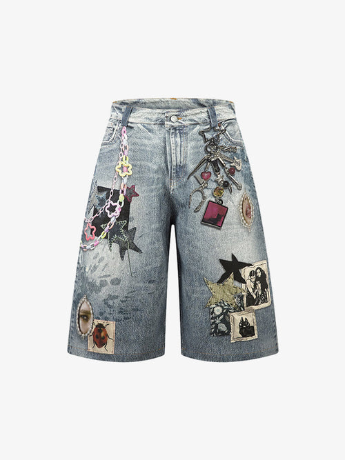 Charm Detail Graphic Denim Shorts