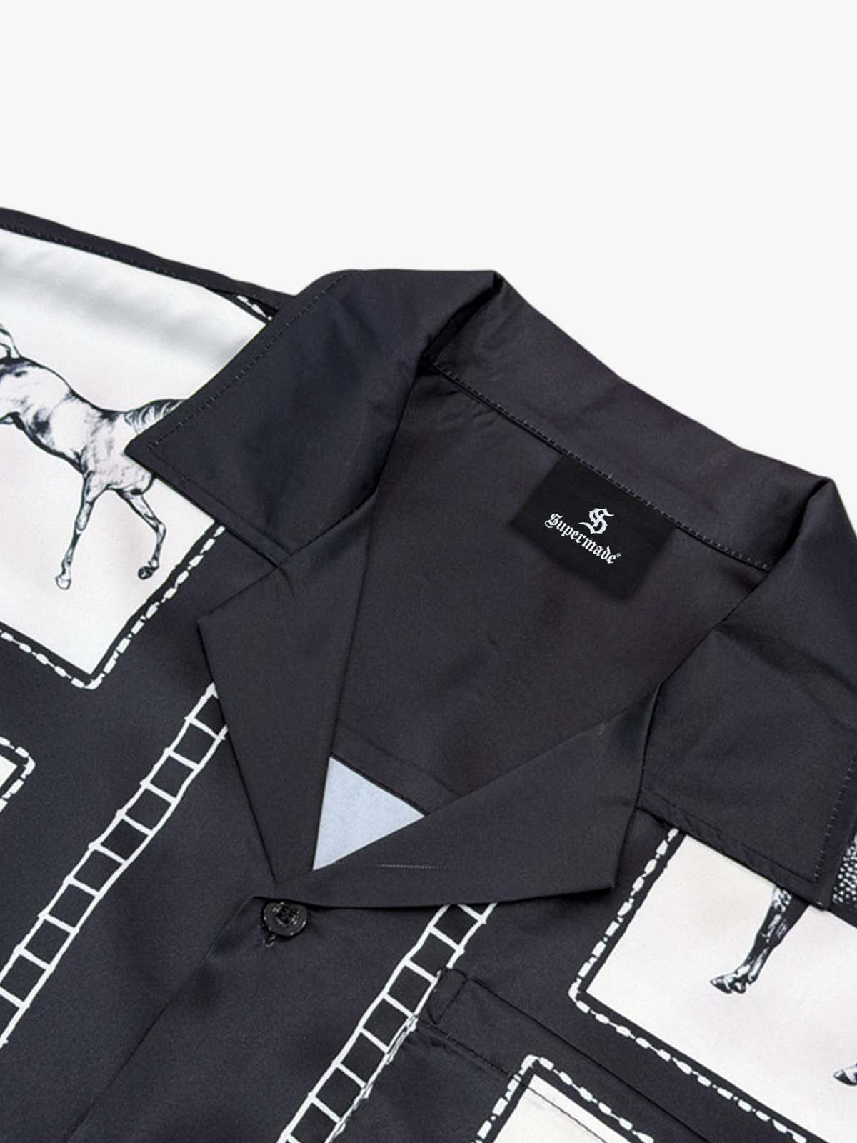 Vintage Horse Photo Satin Camp Collar Boxy Shirt