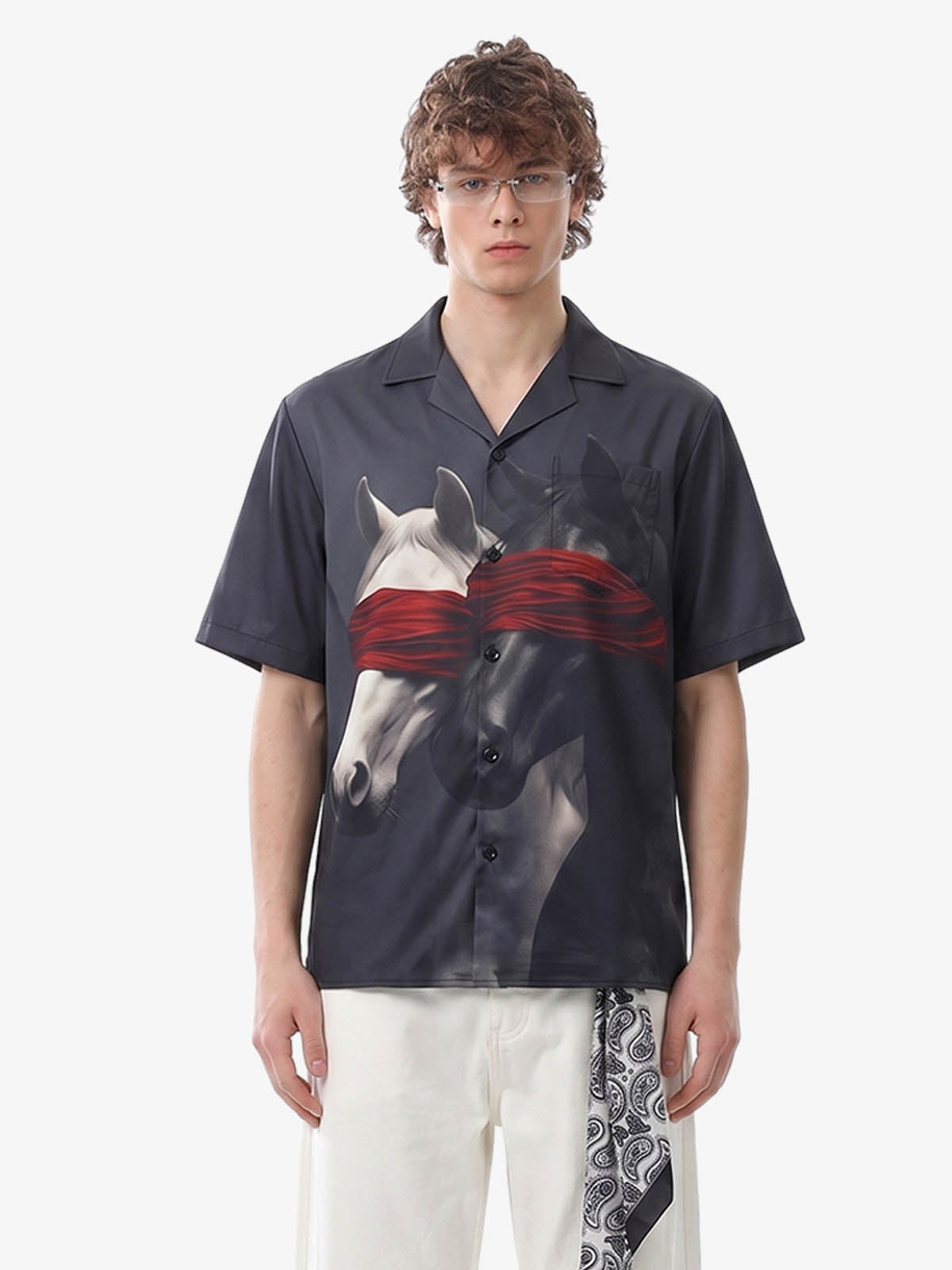 Red Blindfold Horse Camp Collar Boxy Shirt