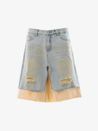 Faux Two-Piece Ripped Denim Shorts