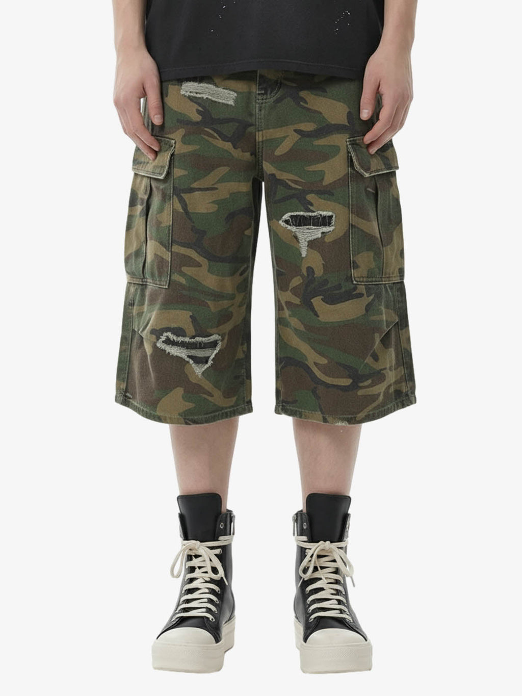 Retro Ripped Camouflage Cropped Shorts- 2387