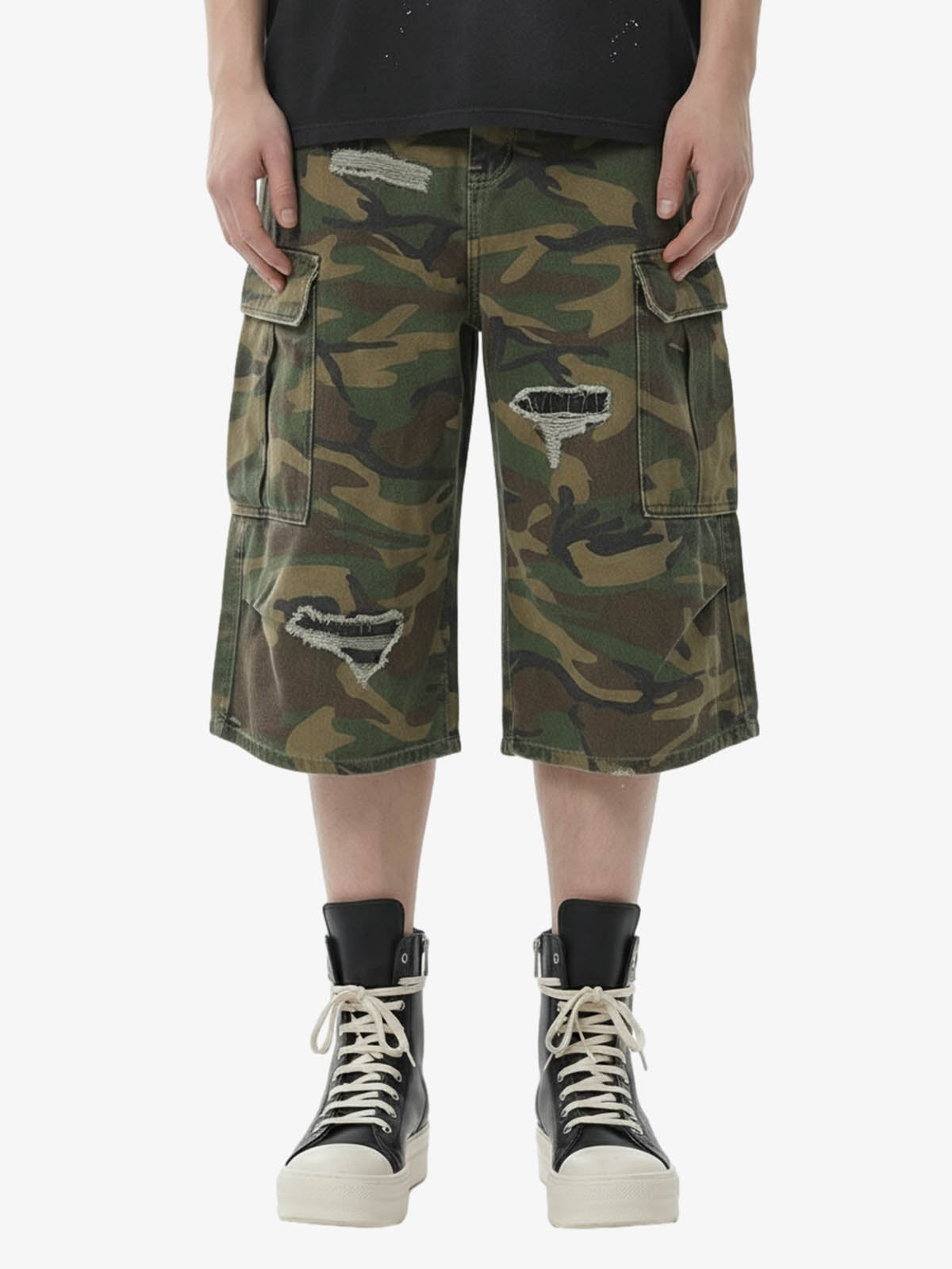 Retro Ripped Camouflage Cropped Shorts- 2387