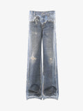 Vintage Distressed Print Wide Leg Jeans