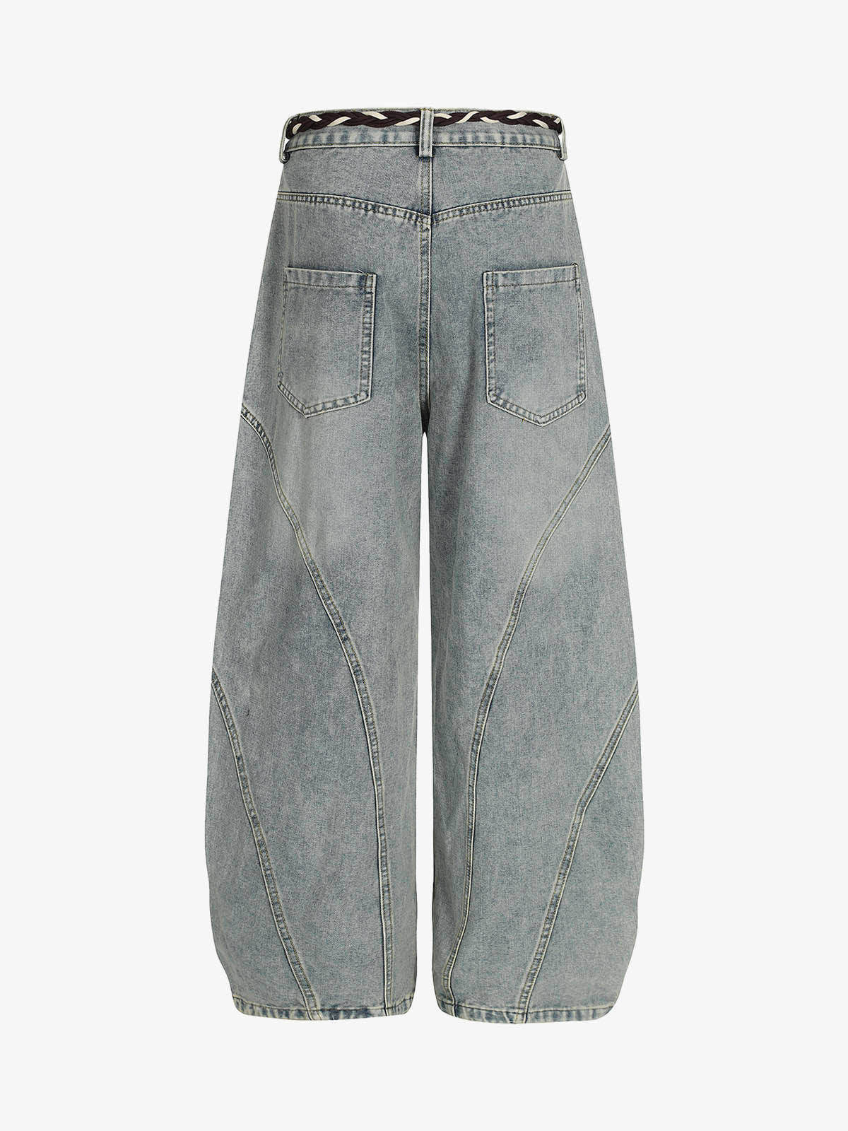 Denim Retro Belt Detail With Patchwork Barrel Jeans - 2490