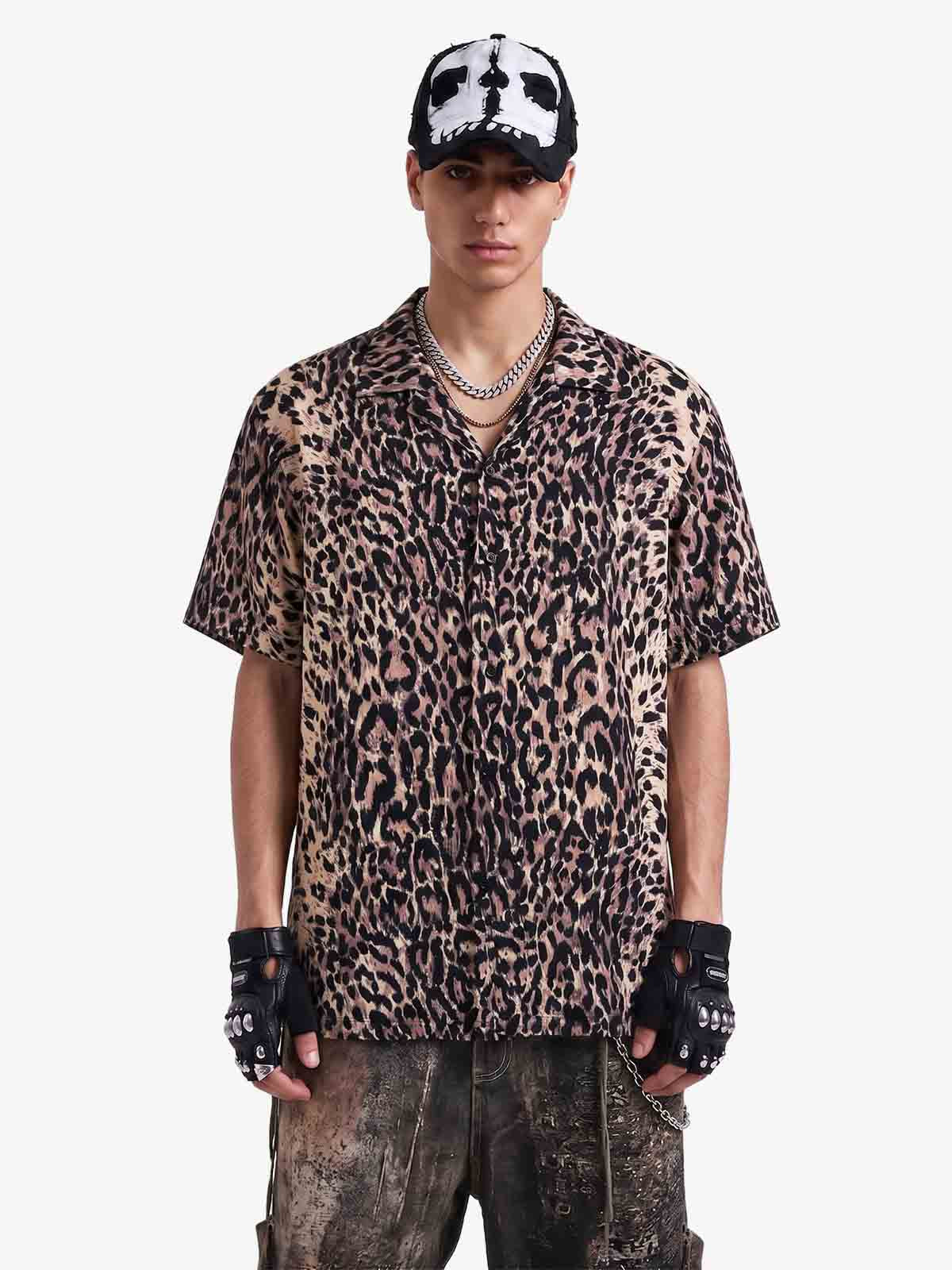 Cyber Punk Leopard Print Camp Collar Boxy Shirt