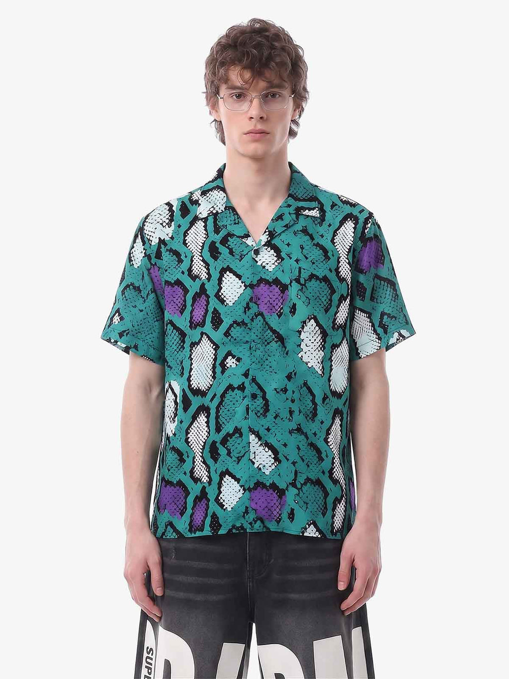 Green Purple Snakeskin Camp Collar Boxy Shirt