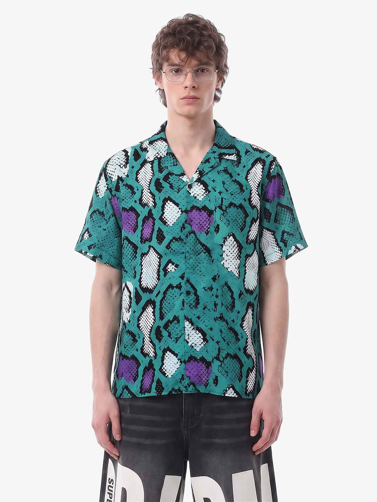 Green Purple Snakeskin Camp Collar Boxy Shirt