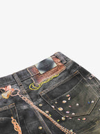 3D Chain Key Print Jeans