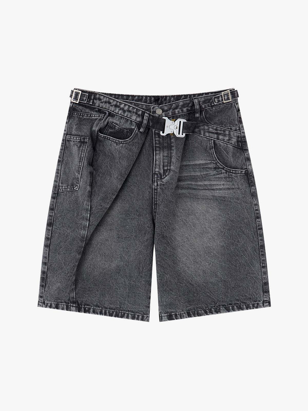 Tactical Buckle Washed Denim Shorts