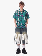 Green Purple Snakeskin Camp Collar Boxy Shirt