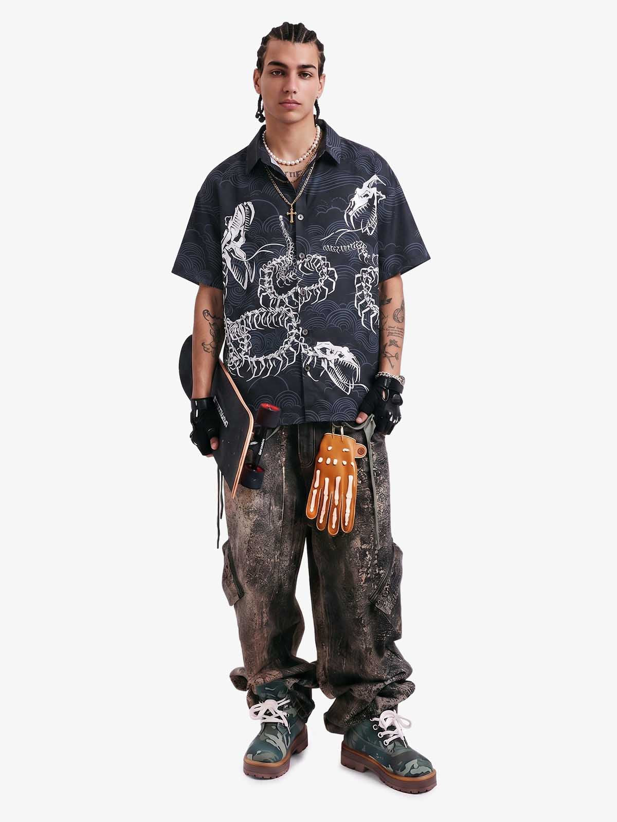 Japanese Wave Dragon Skeleton Camp Collar Boxy Shirt