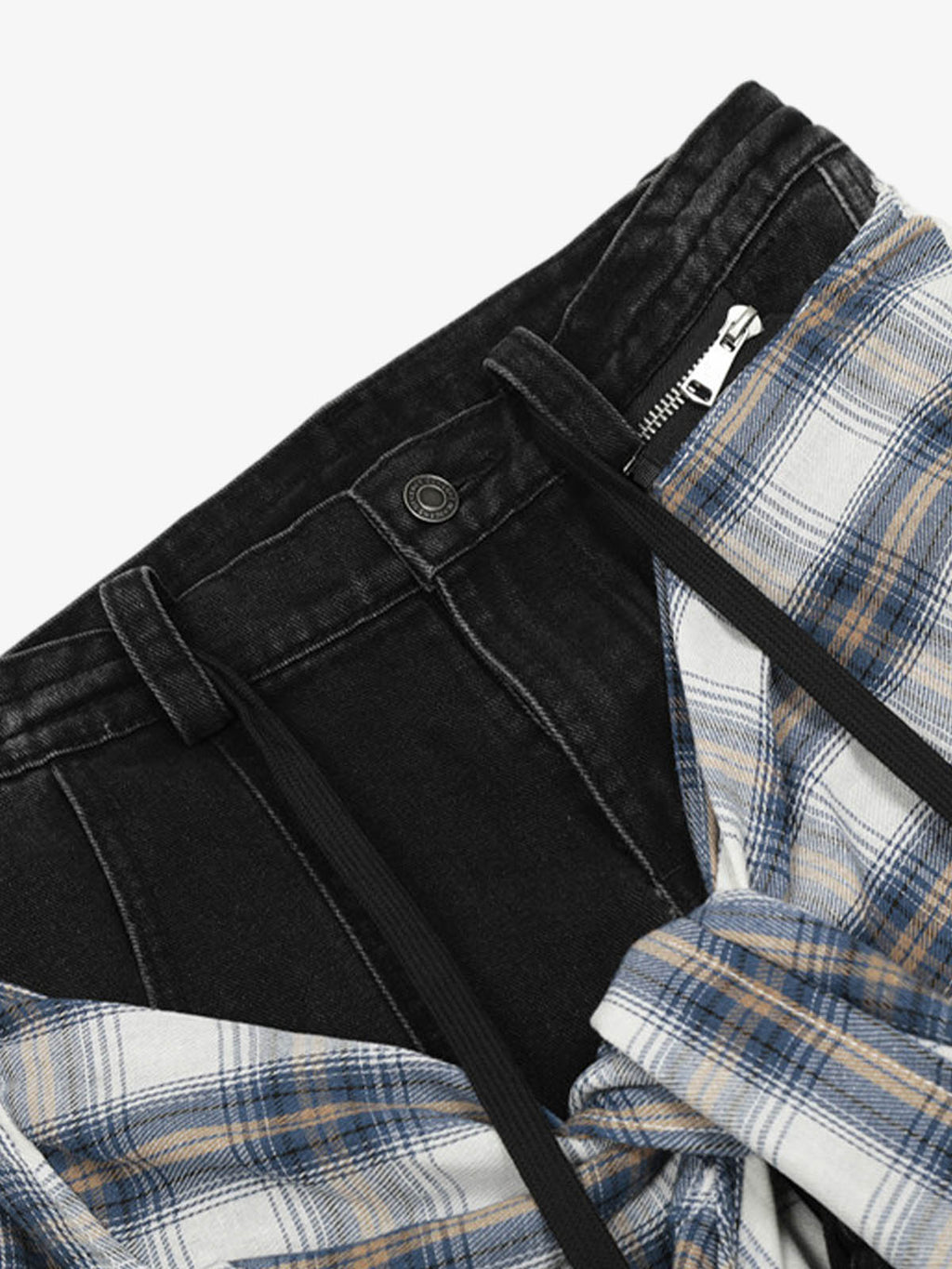 Denim Faux Two-piece Plaid Detachable Scimitar Jeans - 2435