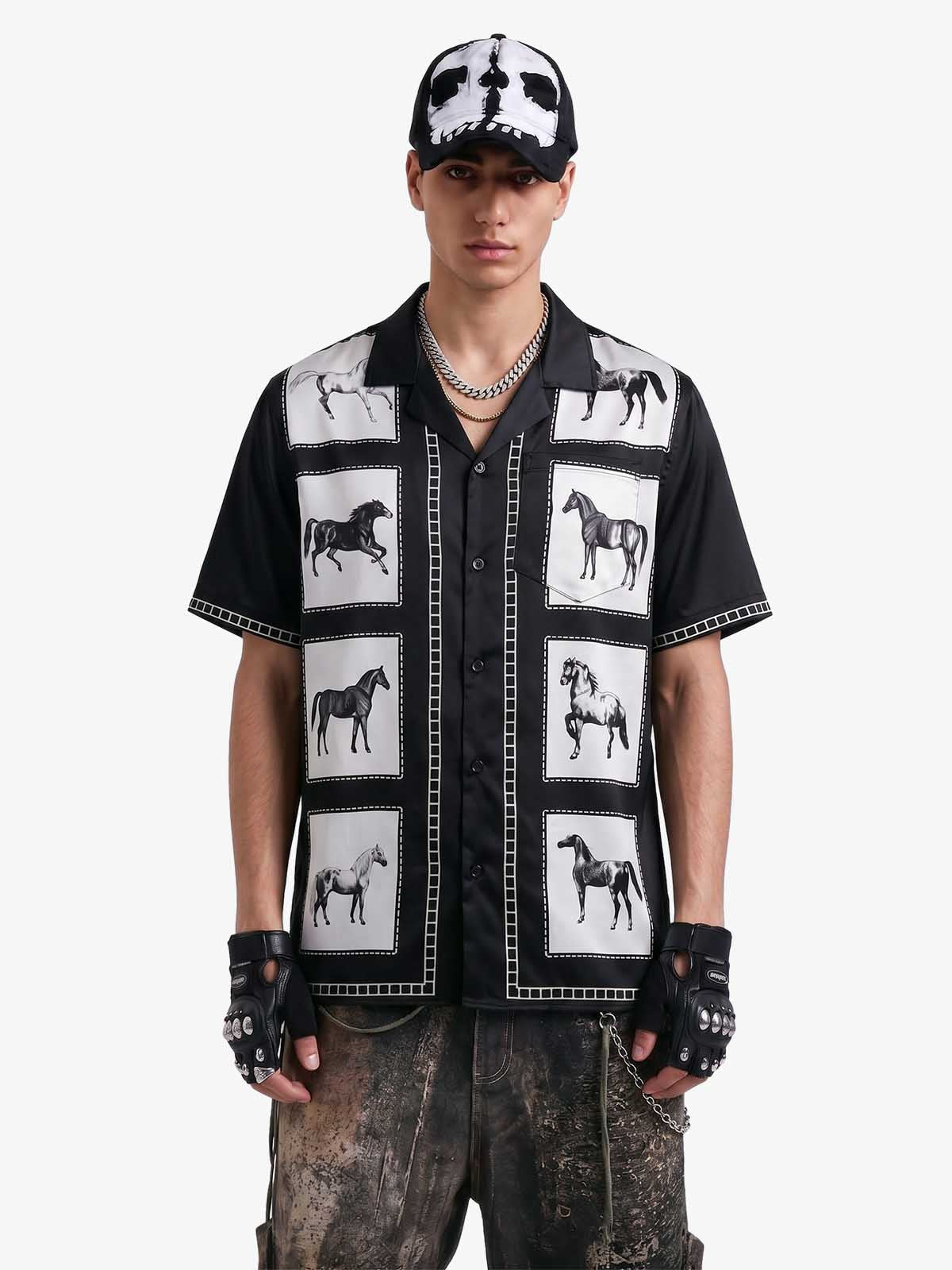 Vintage Horse Photo Satin Camp Collar Boxy Shirt
