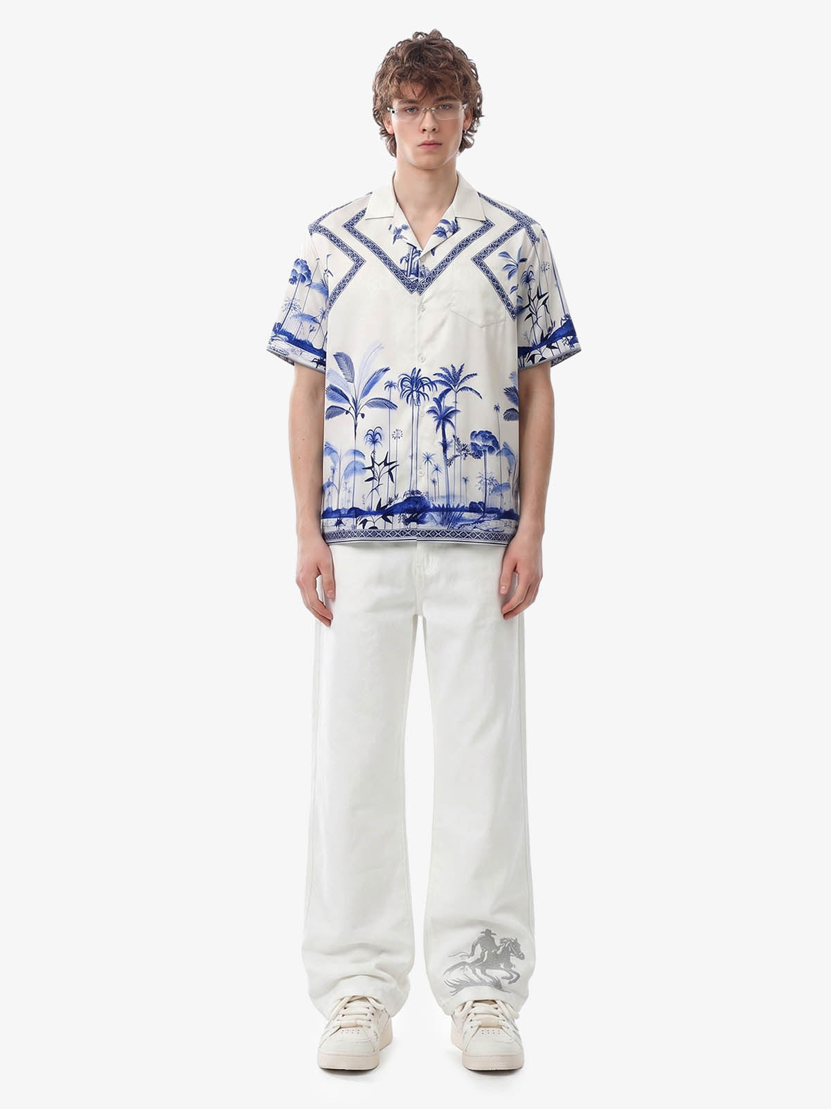 Geometric Palm Leaf Camp Collar Boxy Shirt