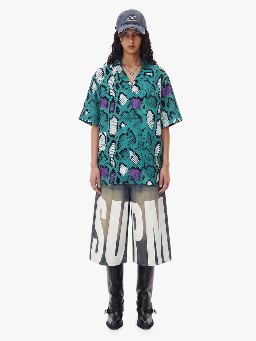 Green Purple Snakeskin Camp Collar Boxy Shirt