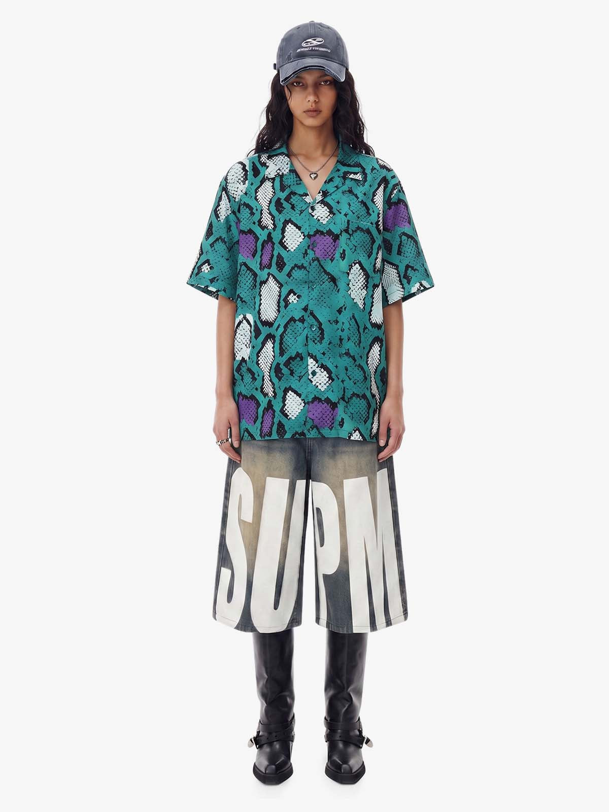 Green Purple Snakeskin Camp Collar Boxy Shirt