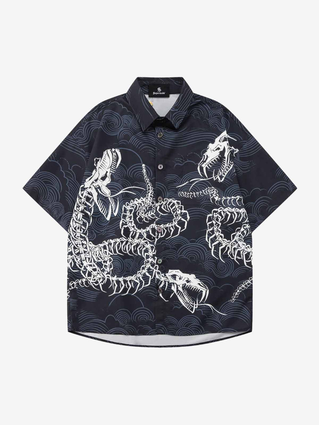 Japanese Wave Dragon Skeleton Camp Collar Boxy Shirt