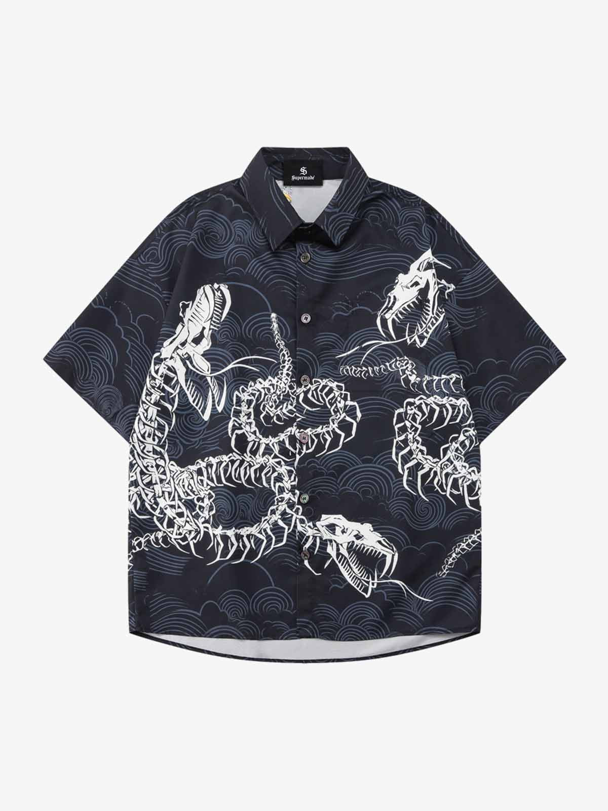 Japanese Wave Dragon Skeleton Camp Collar Boxy Shirt