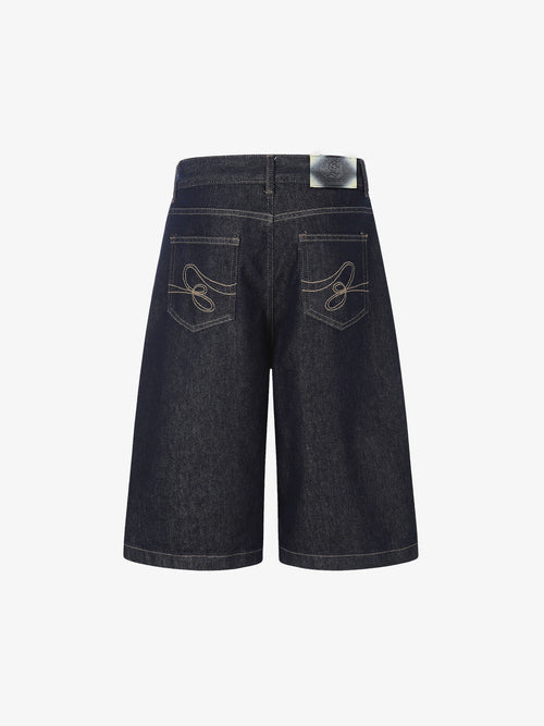 Dark Wash Denim Bermuda Shorts with Side Stripe Rhinestone Detail