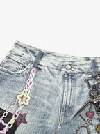 Charm Detail Graphic Denim Shorts