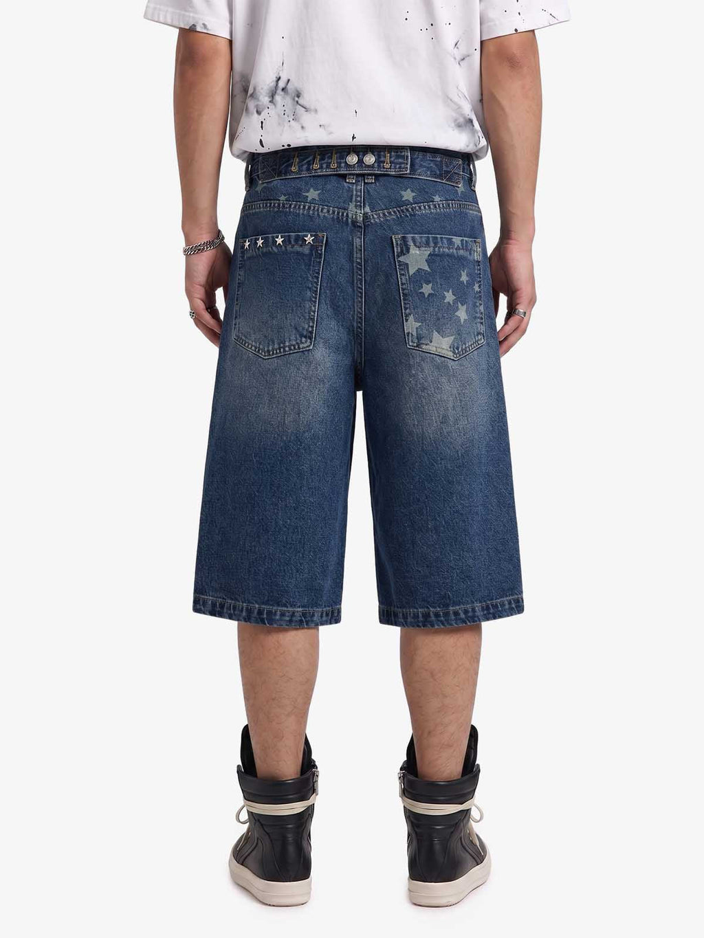Star Embroidered Denim Shorts with Rivets