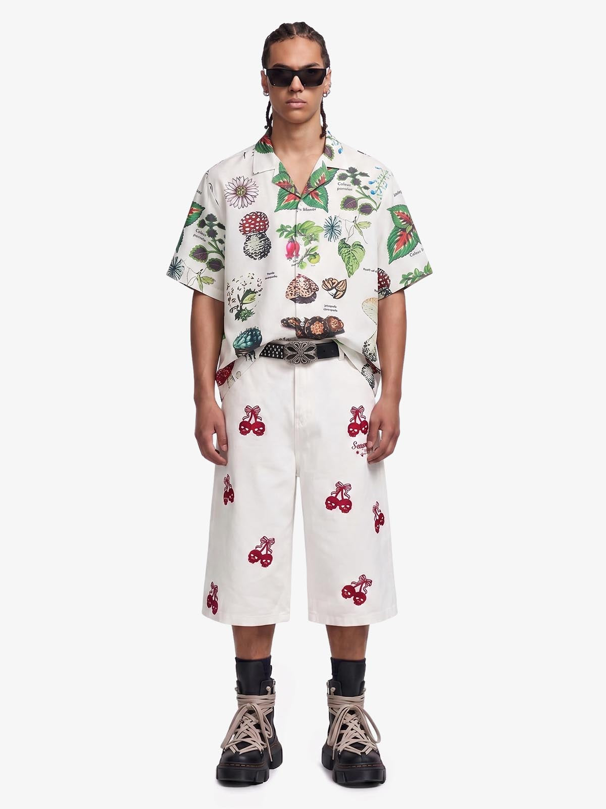 Vintage Succulent Botanical Print Camp Collar Boxy Shirt