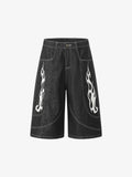 Contrast Stitching Flame Denim Shorts
