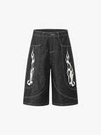 Contrast Stitching Flame Denim Shorts