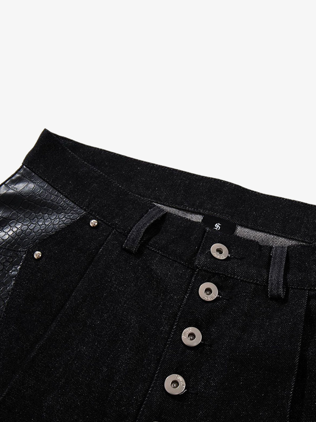 Black Denim Jacket with Croc-Embossed Trim