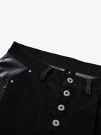 Black Denim Jacket with Croc-Embossed Trim