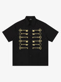 Black Cotton Button Up Shirt with Gold Embroidered Key Motif