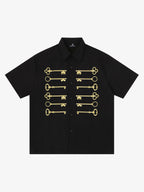 Black Cotton Button Up Shirt with Gold Embroidered Key Motif
