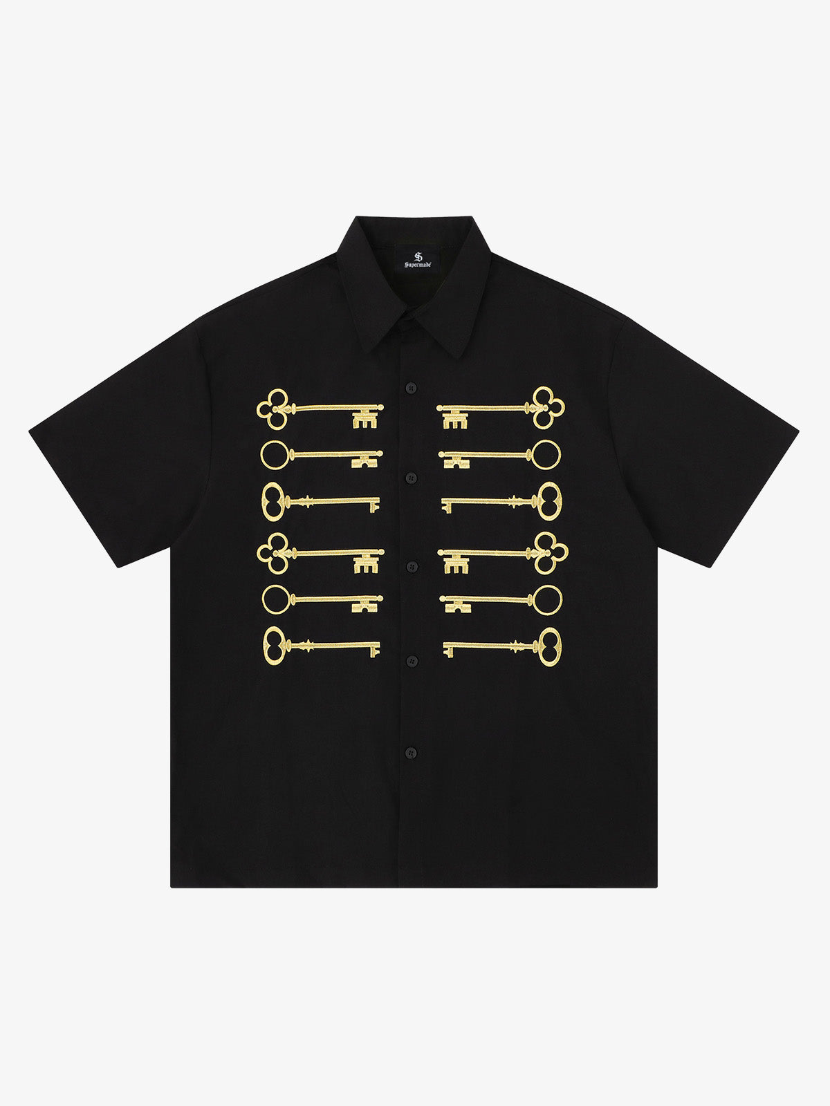 Black Cotton Button Up Shirt with Gold Embroidered Key Motif