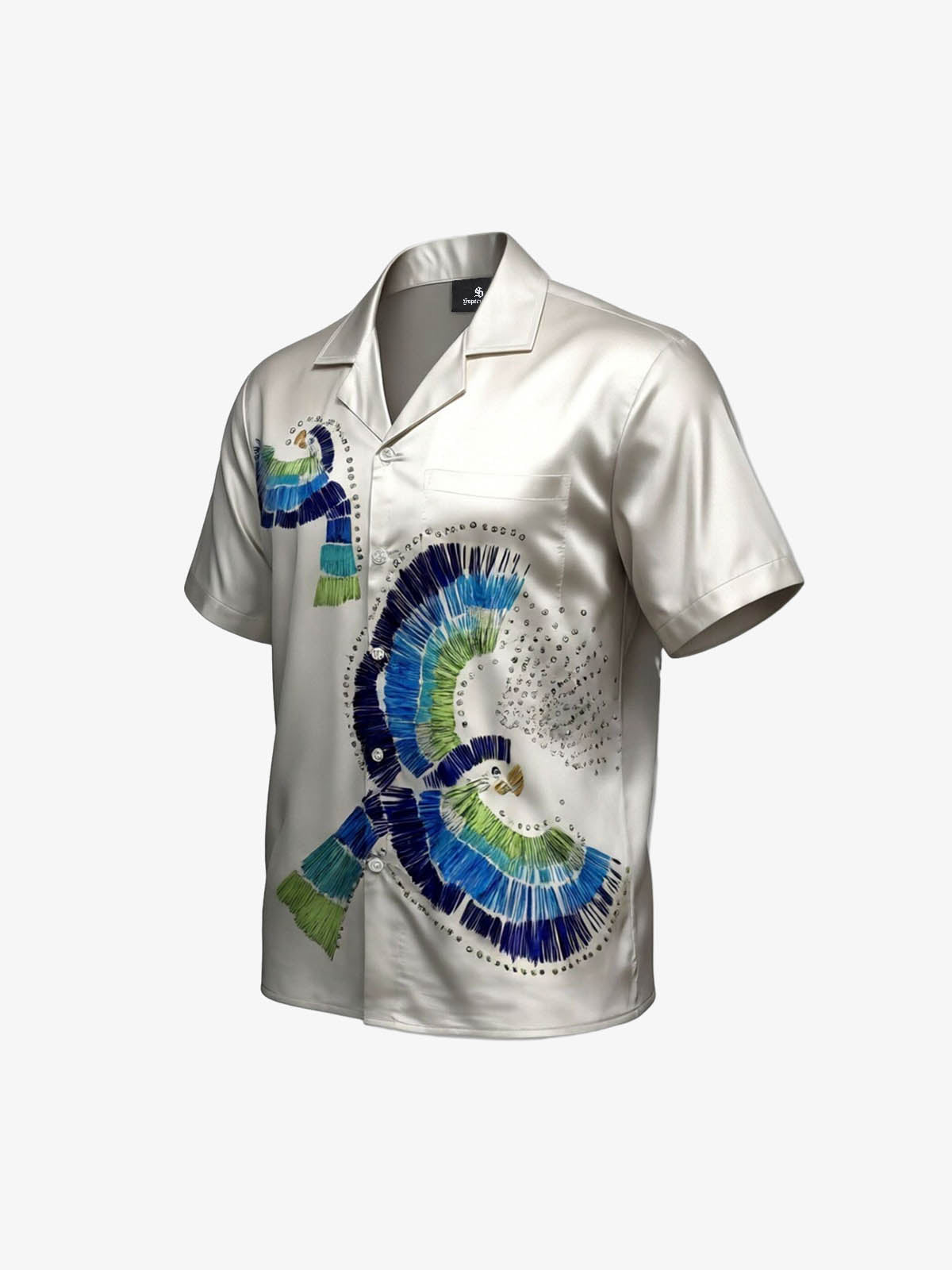 Bird Print Camp Collar Boxy Shirt